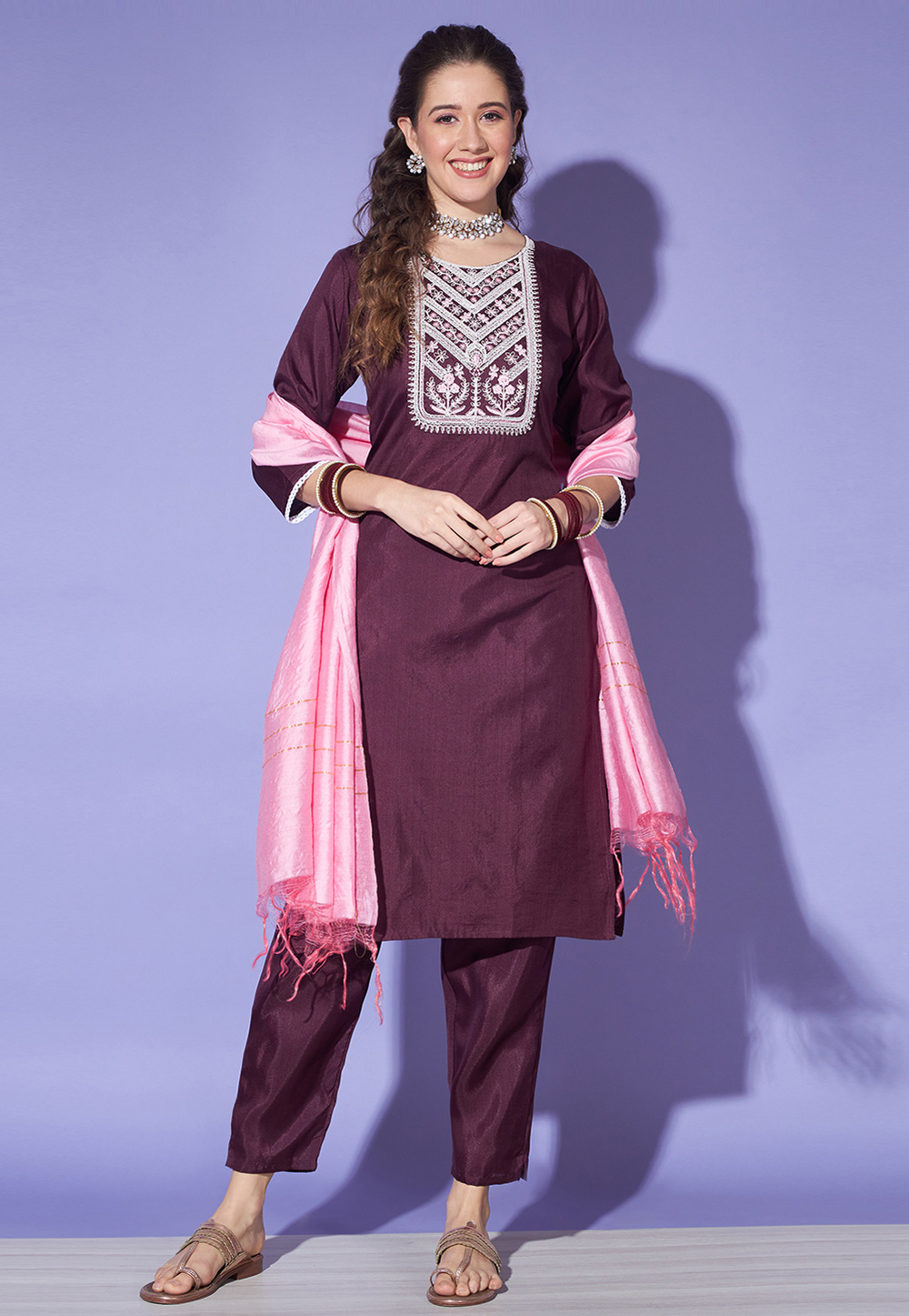 Wine Silk Readymade Pant Style Suit 278419