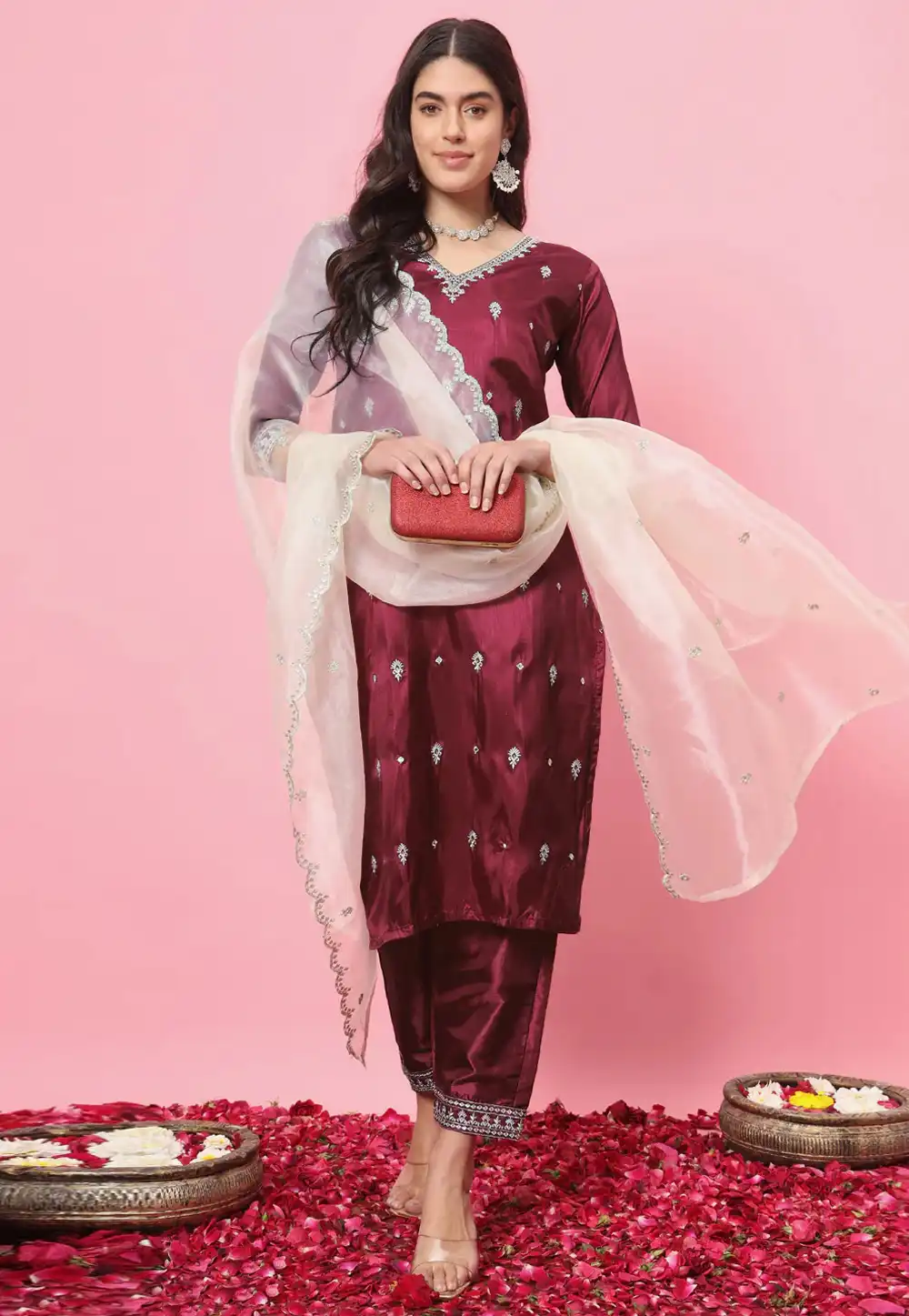 Wine Silk Readymade Pant Style Suit 289355