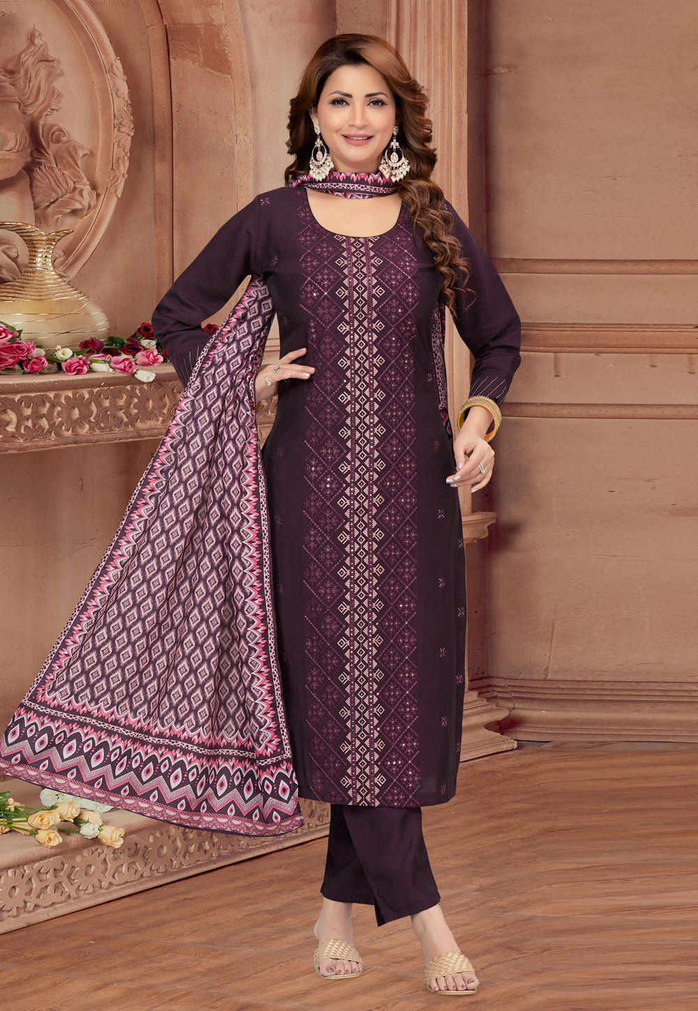 Wine Silk Readymade Pant Style Suit 281495