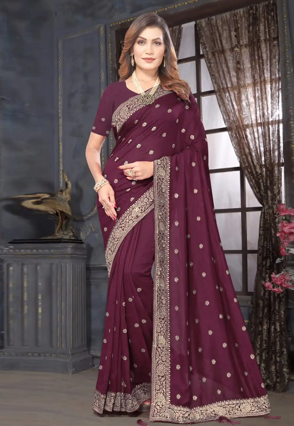 Wine Silk Saree With Blouse 291905