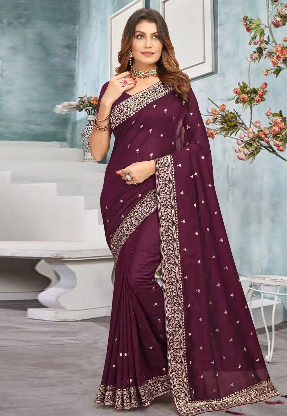 Wine Silk Saree With Blouse 292453