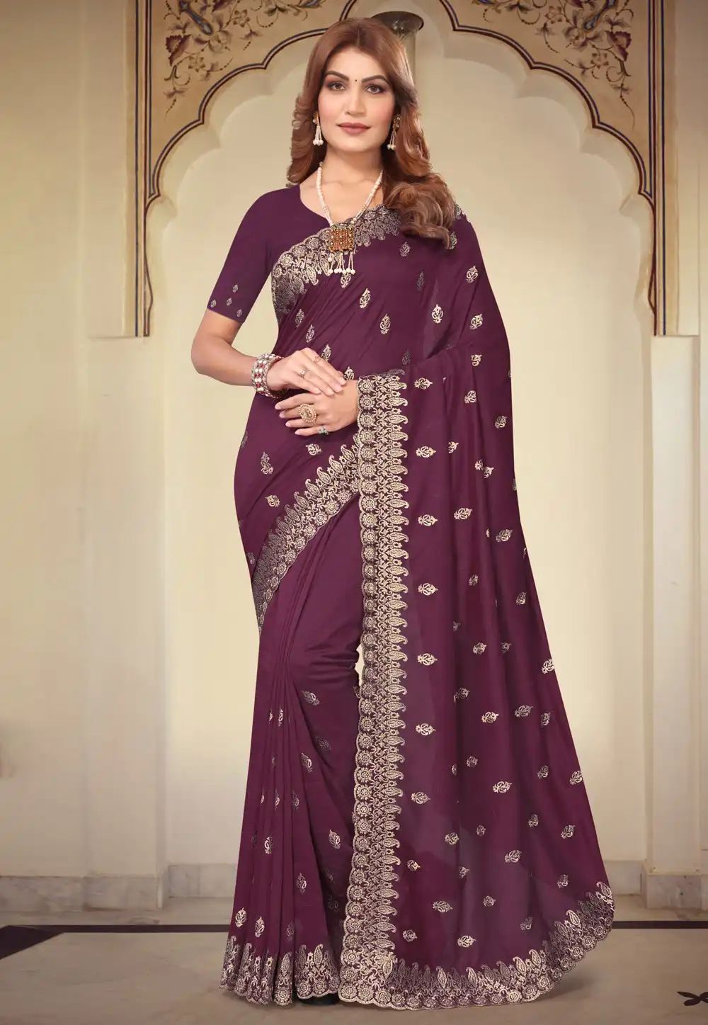 Wine Silk Saree With Blouse 293508