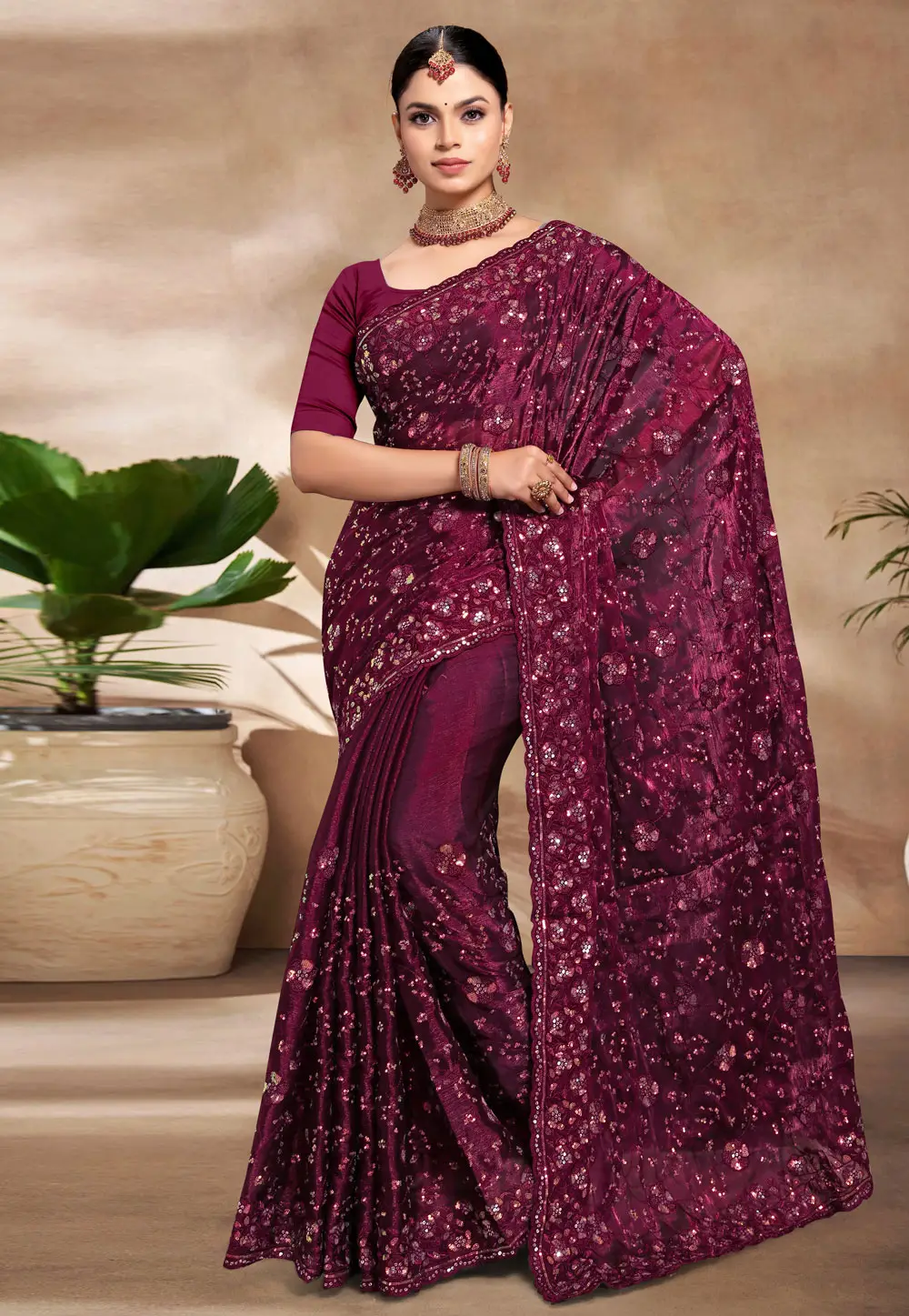 Wine Silk Saree With Blouse 296223