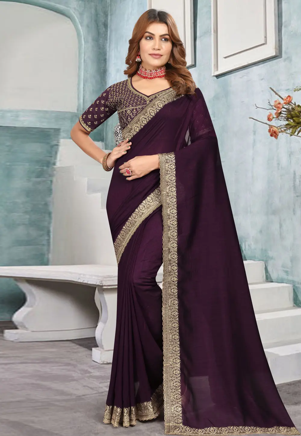 Wine Silk Saree With Blouse 299103