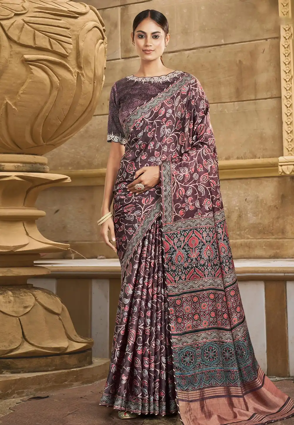 Wine Silk Saree With Blouse 291326