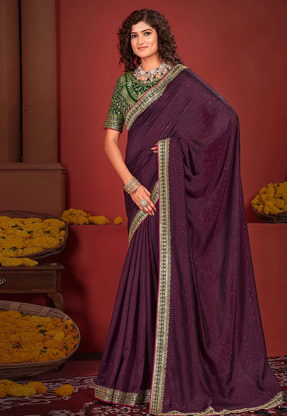 Wine Silk Saree With Blouse 299113