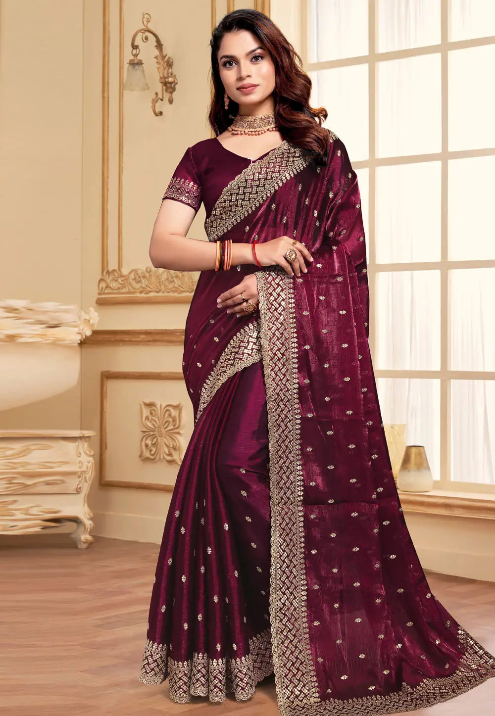 Wine Silk Saree With Blouse 295737