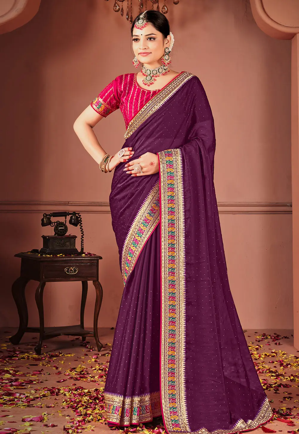 Wine Silk Saree With Blouse 303276