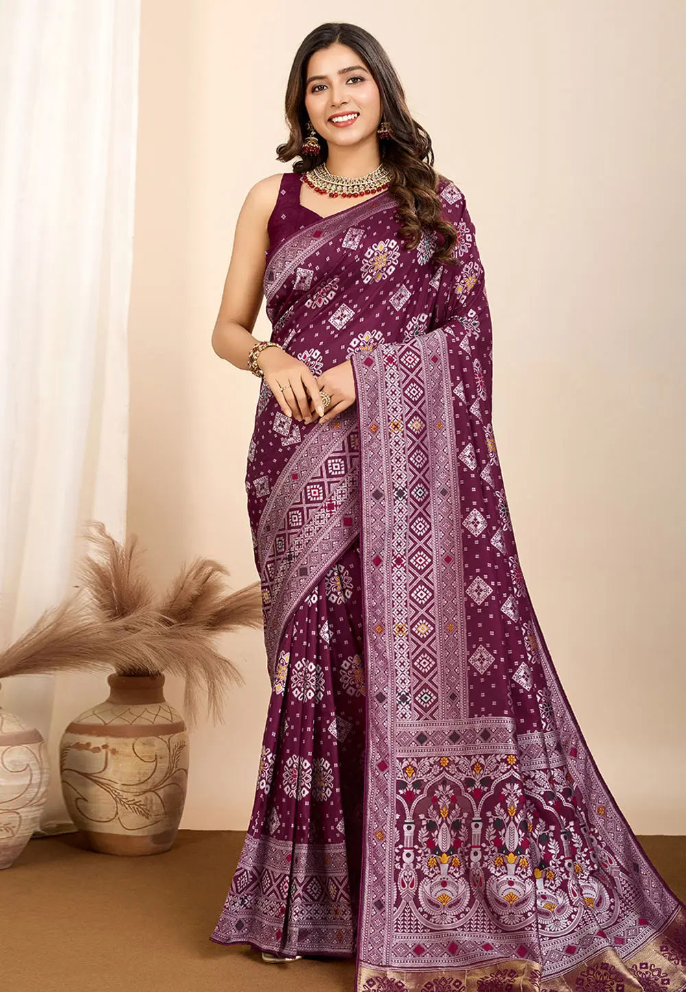 Wine Silk Saree With Blouse 304110