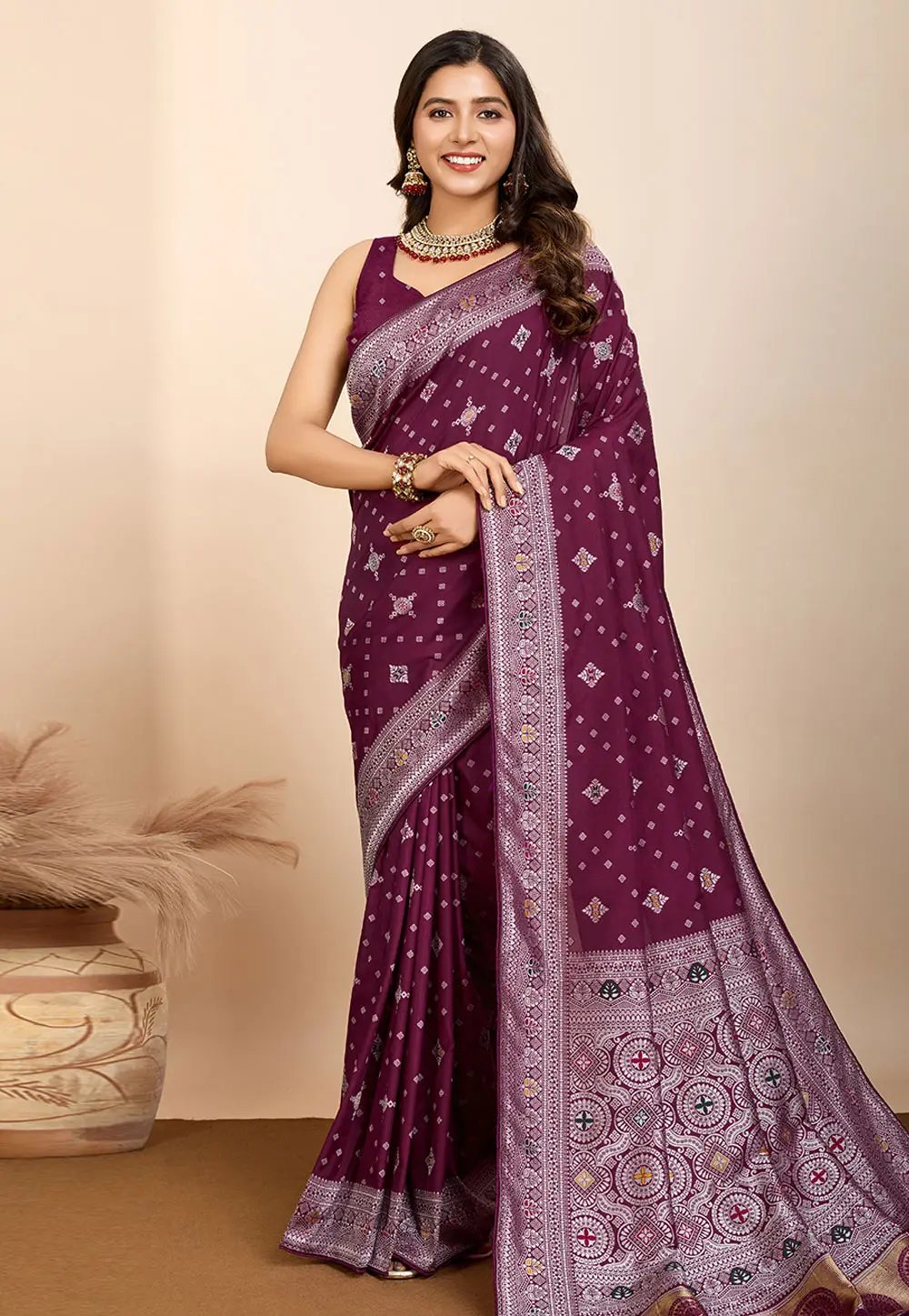 Wine Silk Saree With Blouse 304120