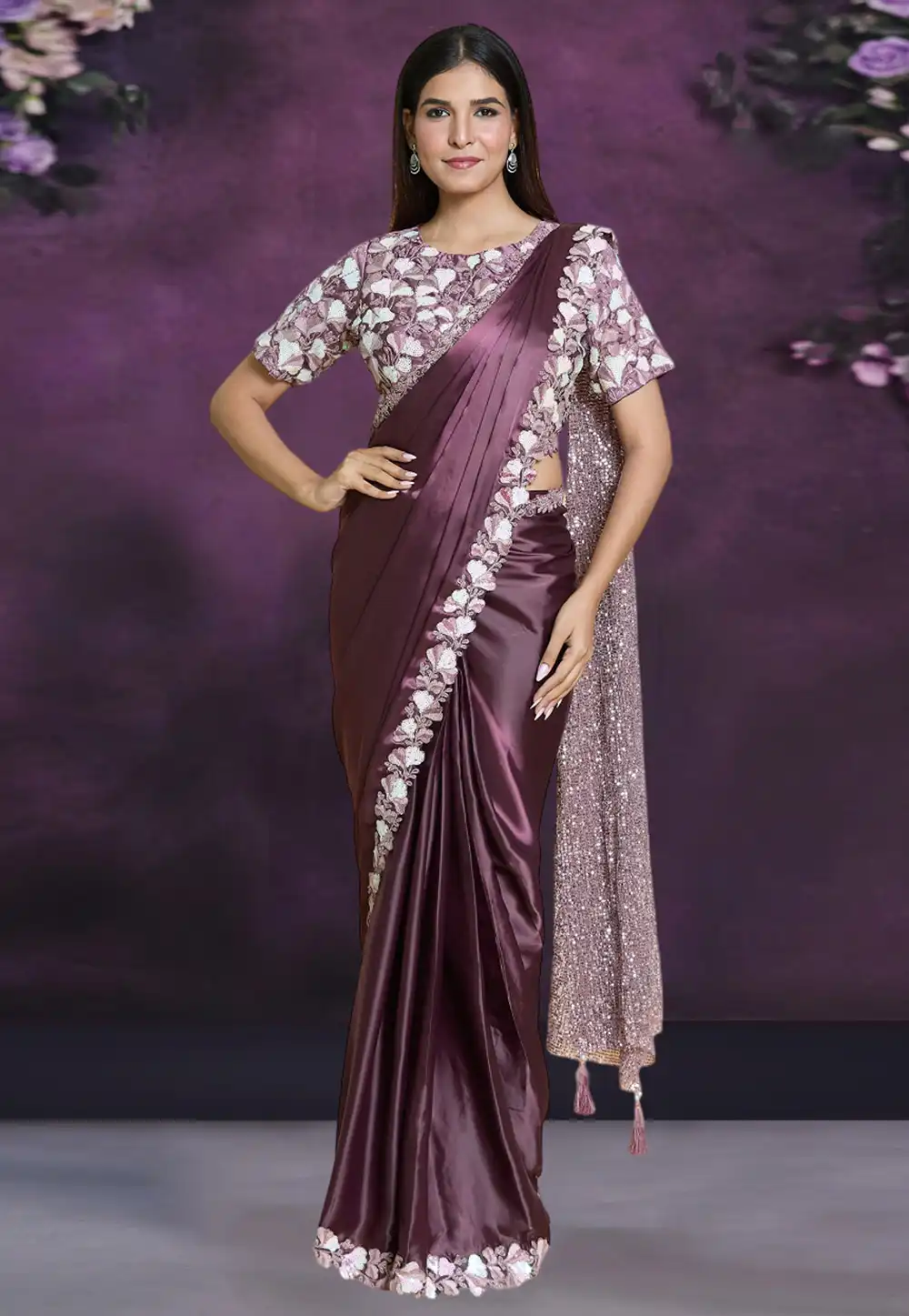 Wine Silk Satin Saree With Blouse 293274