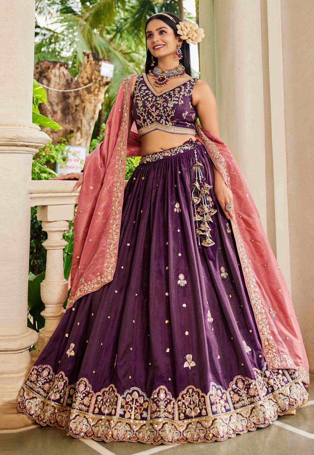 Wine Tissue Lehenga Choli For Wedding 311164