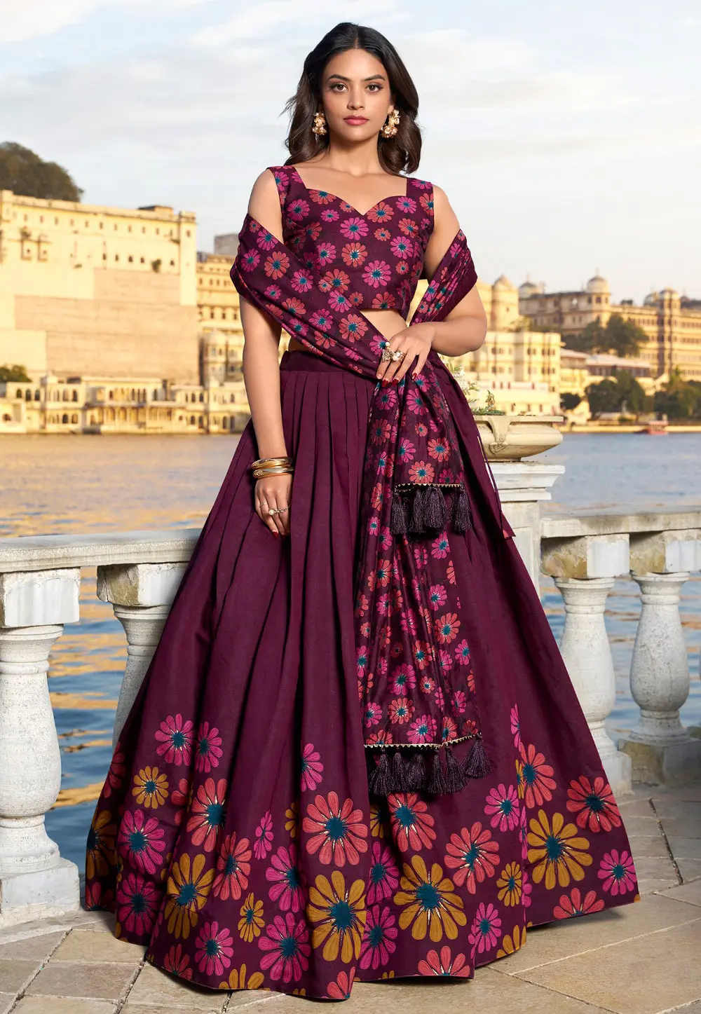 Wine Tussar Silk Floral print Lehenga choli 300136