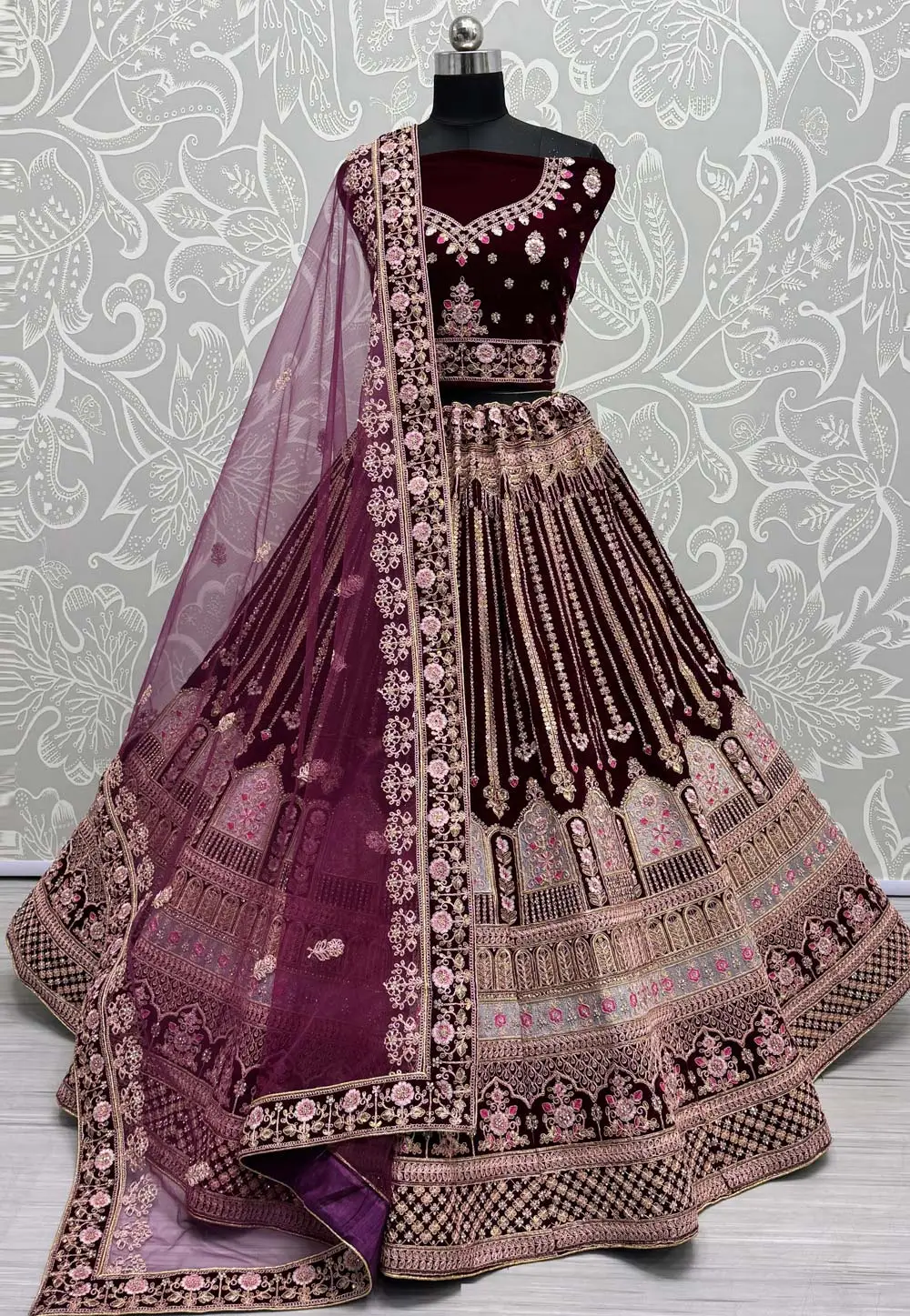 Wine Velvet Bridal Lehenga Choli 297076