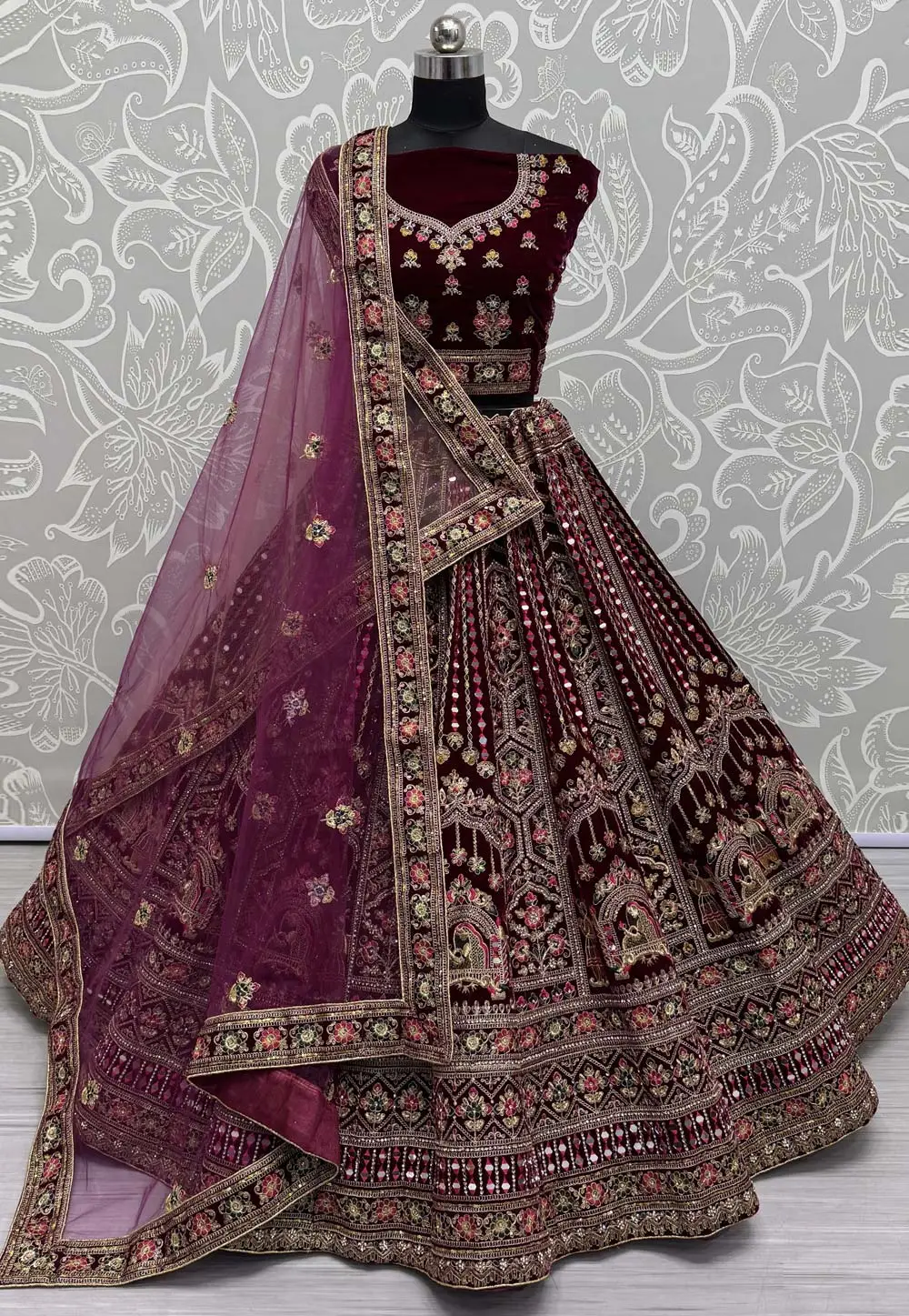 Wine Velvet Bridal Lehenga Choli 297078