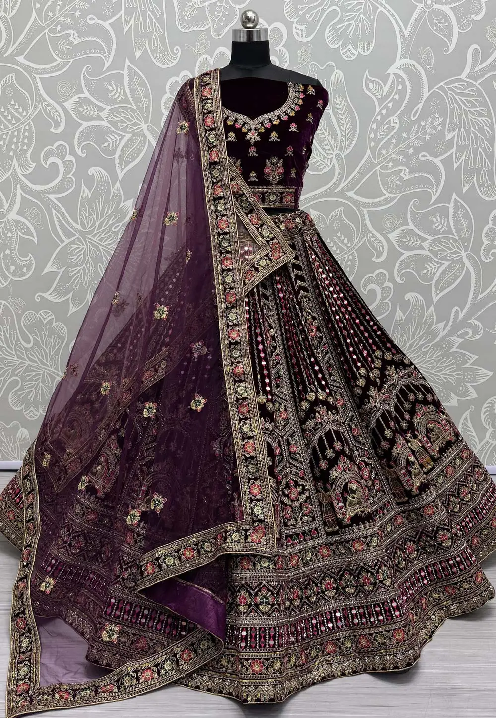 Wine Velvet Bridal Lehenga Choli 297080