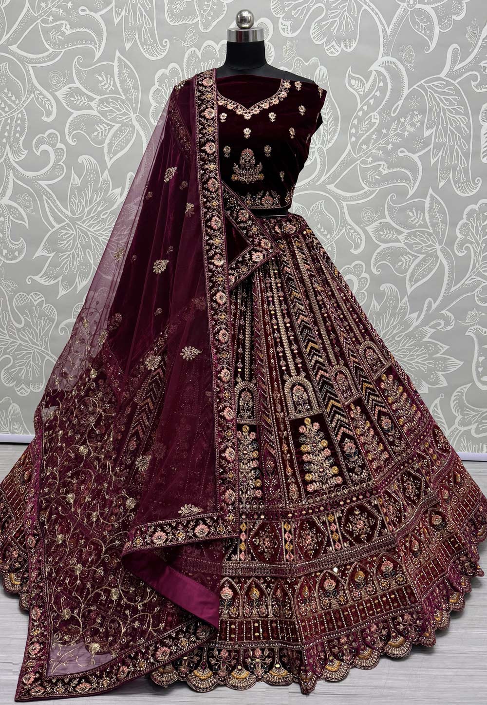 Wine Velvet Bridal Lehenga Choli 305287