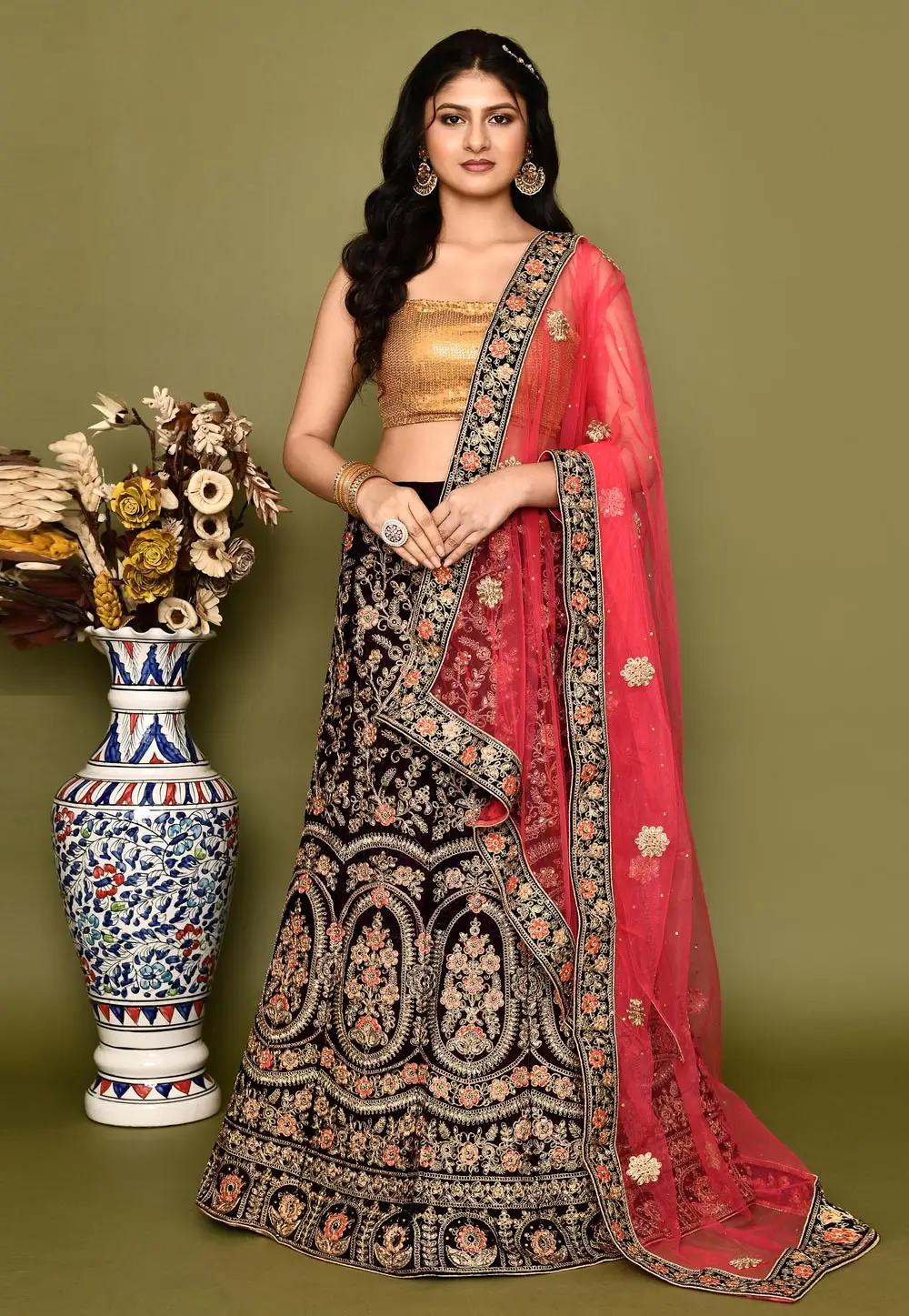 Wine Velvet Bridal Lehenga Choli 295771