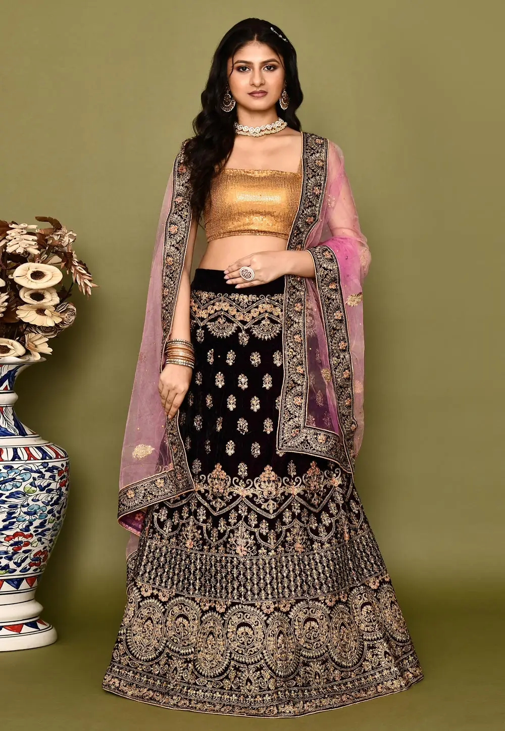 Wine Velvet Bridal Lehenga Choli 295783