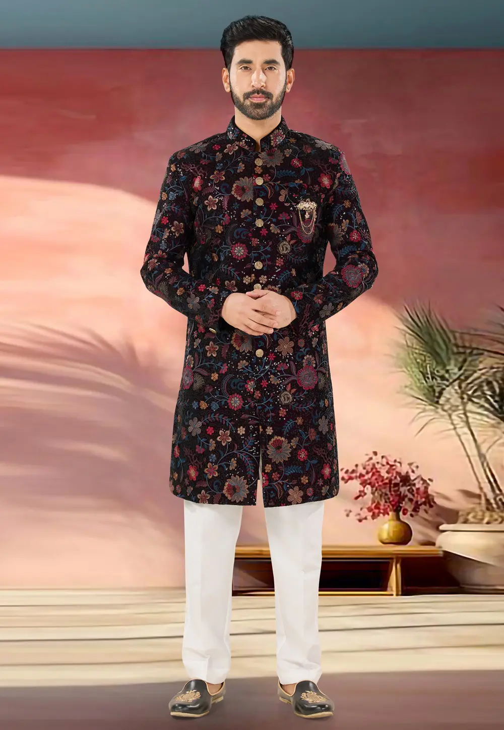 Wine Velvet Indo Western Sherwani 301874