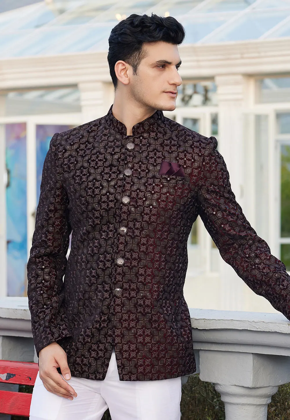 Wine Velvet Jodhpuri Suit 302194