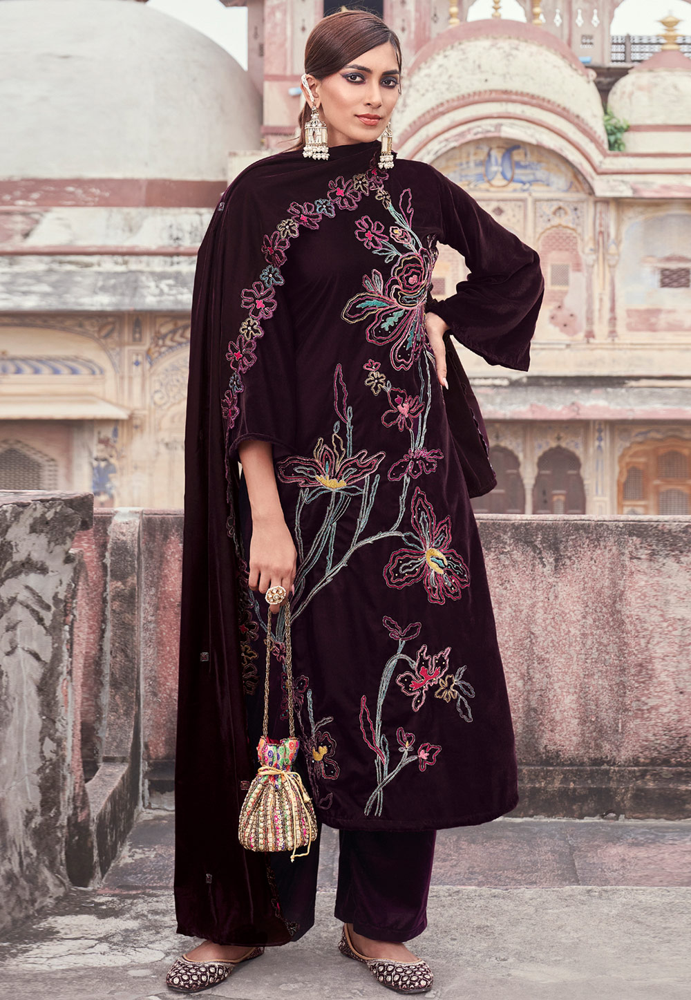 Wine Velvet Pakistani Suit 311097