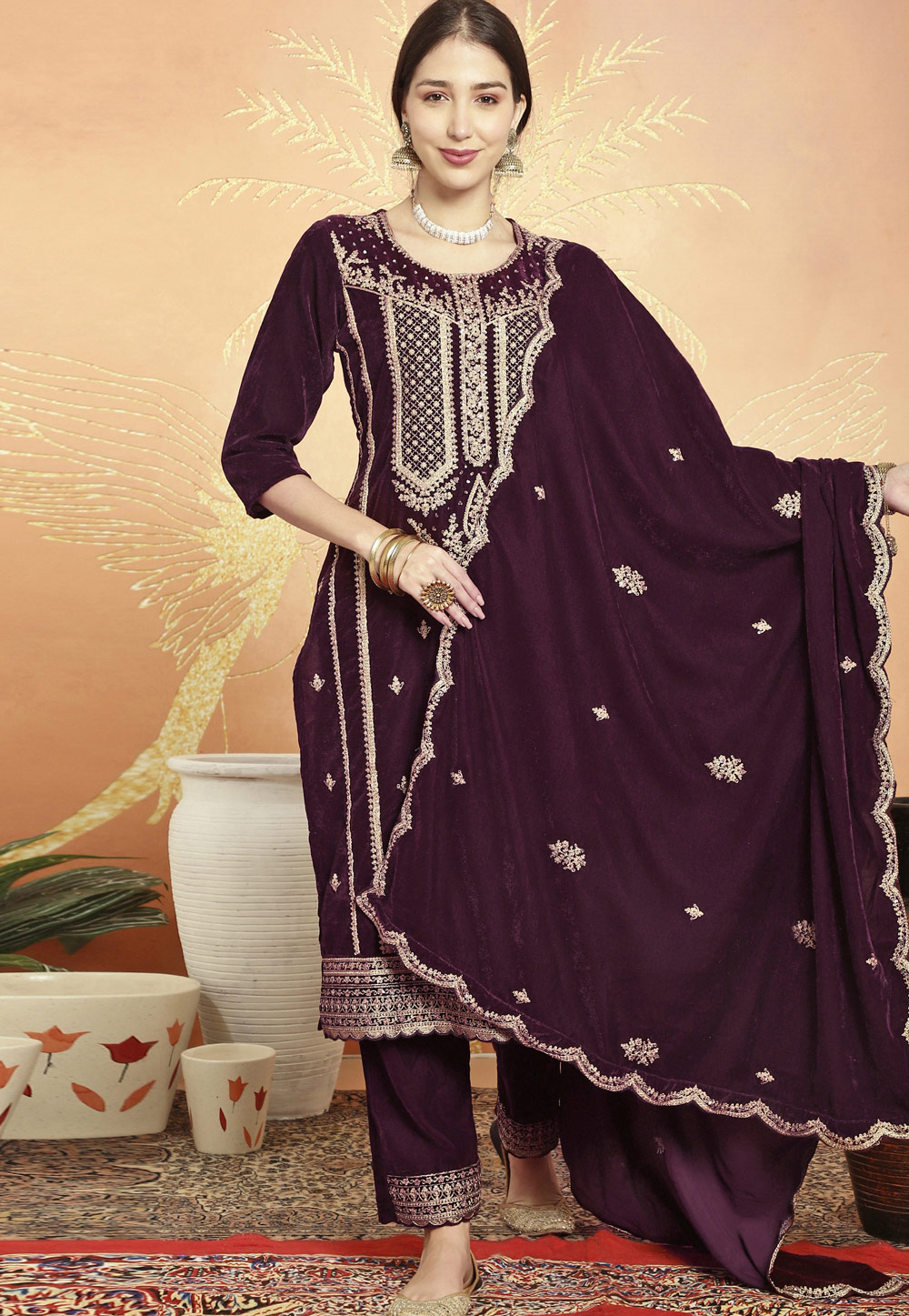 Wine Velvet Pakistani Suit 309925