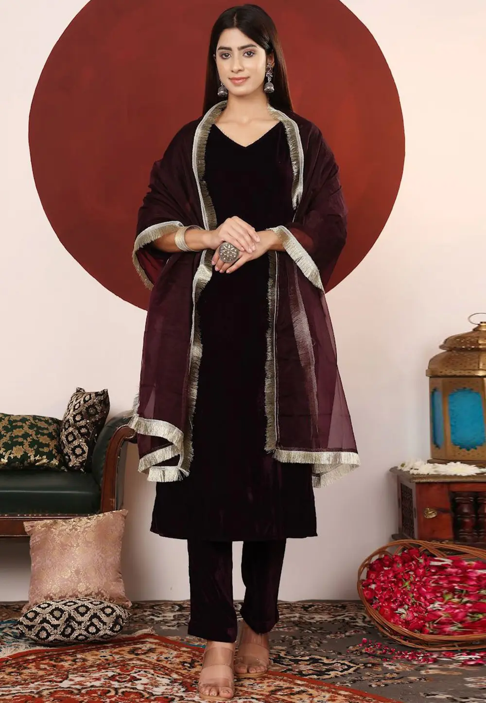 Wine Velvet Readymade Pakistani Suit 302871