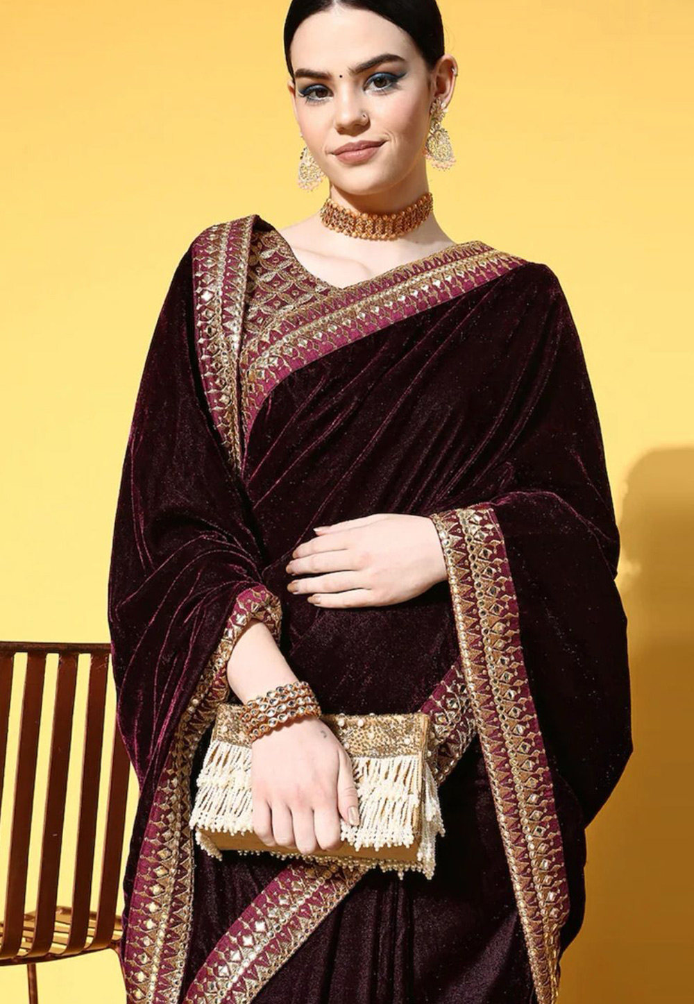 Buy Maroon Pure Velvet Saree by Designer TATWAMM BY ABHISHEK & VINITA  Online at Ogaan.com