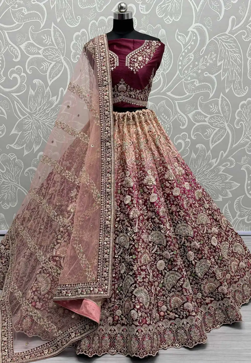 Wine Velvet Wedding Lehenga Choli 293718