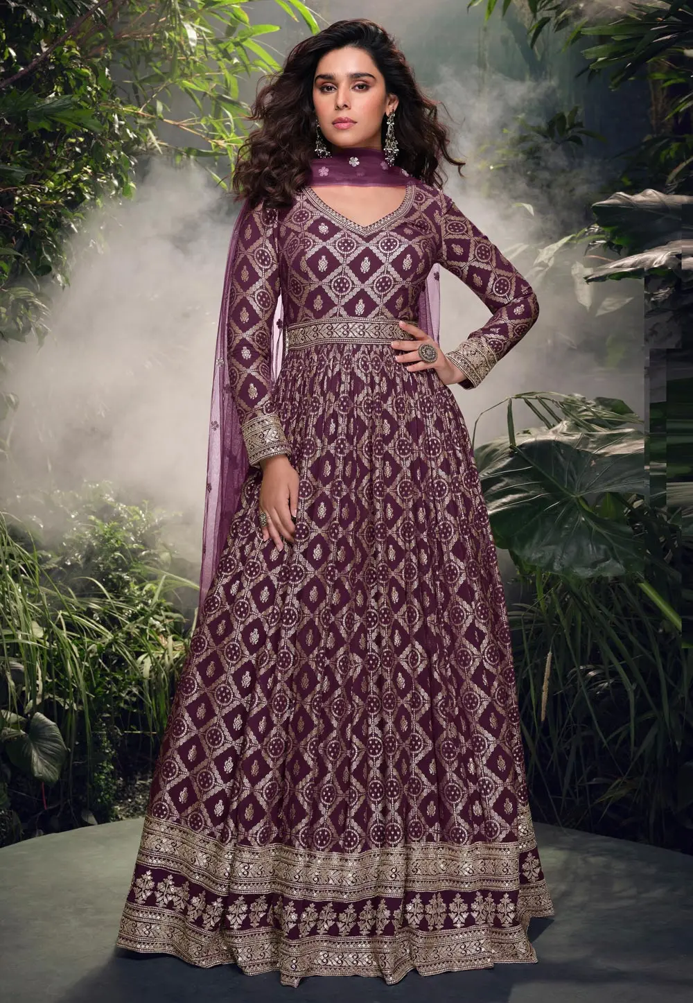 Wine Viscose Jacquard Long Anarkali Suit 299781