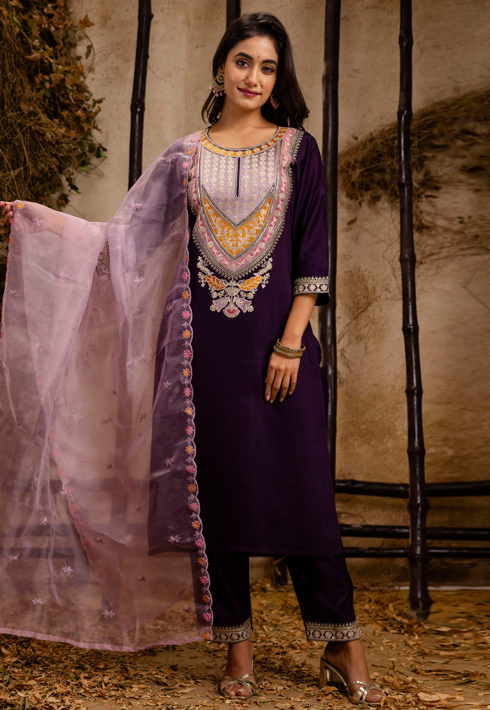 Wine Viscose Rayon Readymade Pakistani Suit 309557