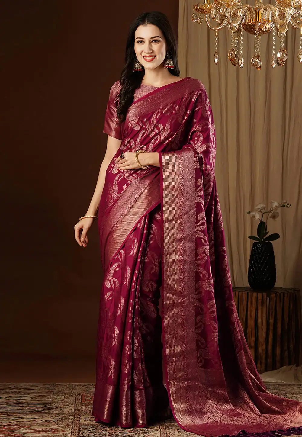 Wine Viscose Saree With Blouse 294682