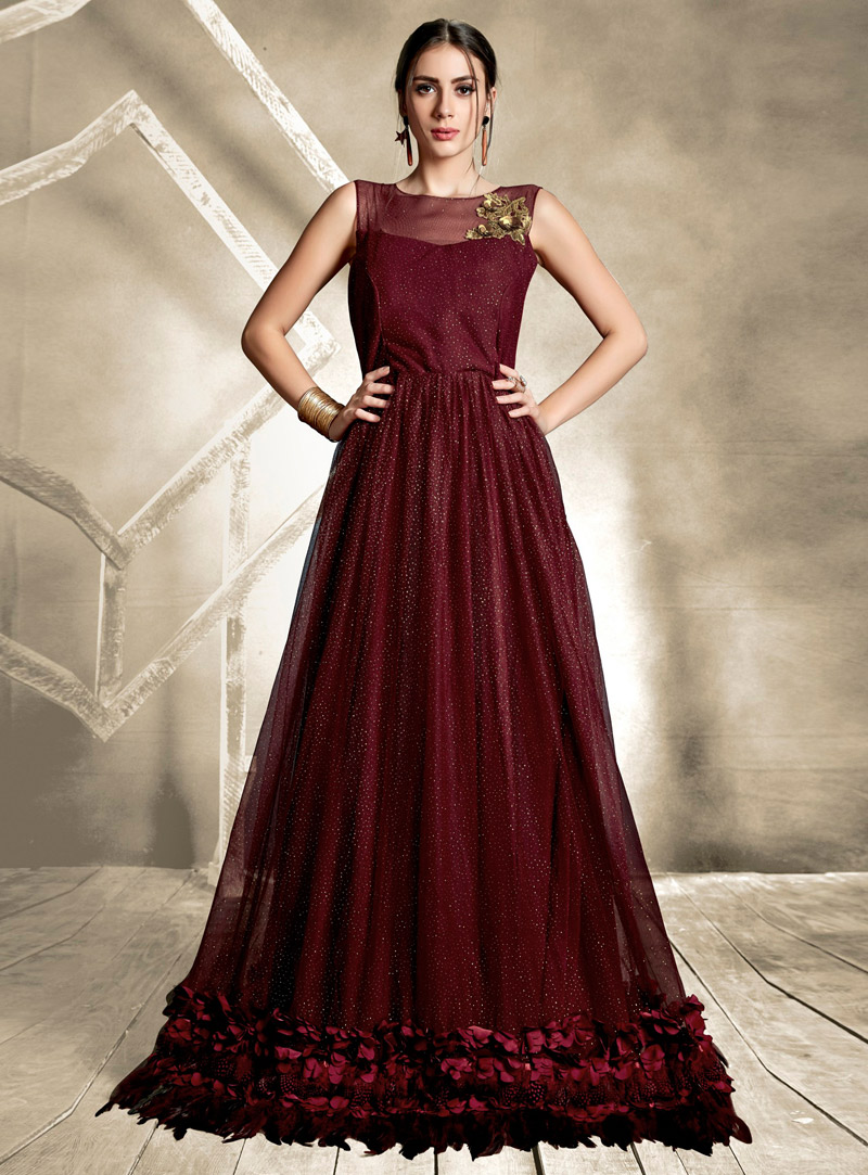 Maroon Silk Readymade Flared Gown 153304