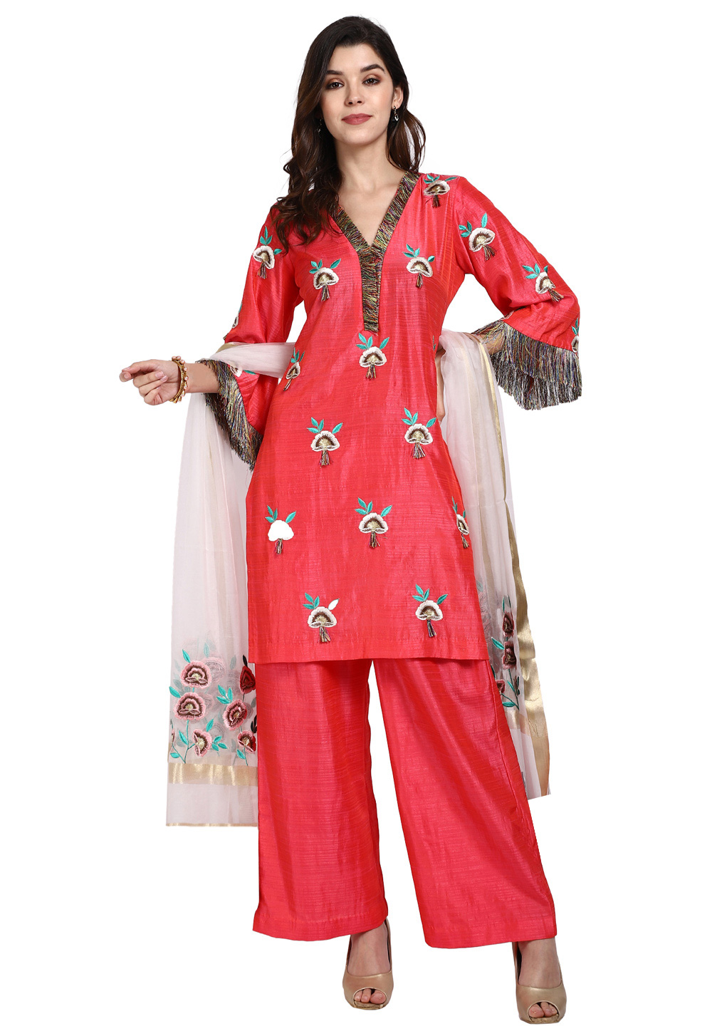 Red Silk Readymade Kameez With Palazzo 200271