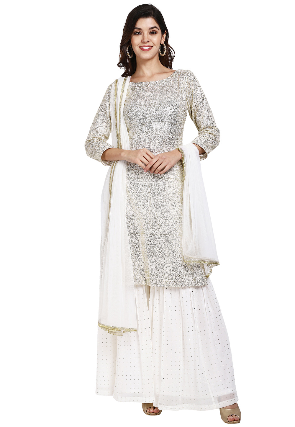 White Georgette Readymade Sharara Suit 200278