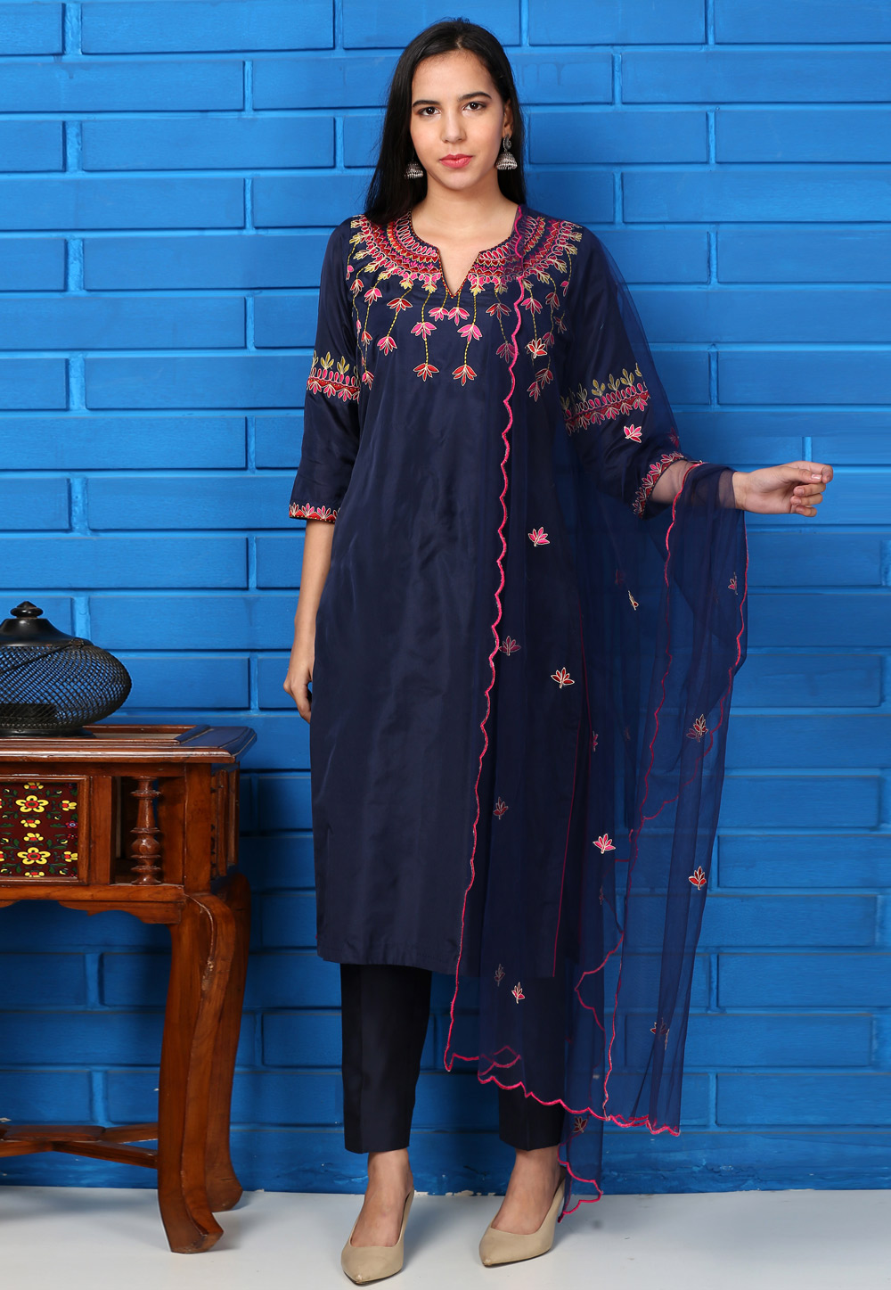 Navy Blue Silk Readymade Pant Style Suit 217016