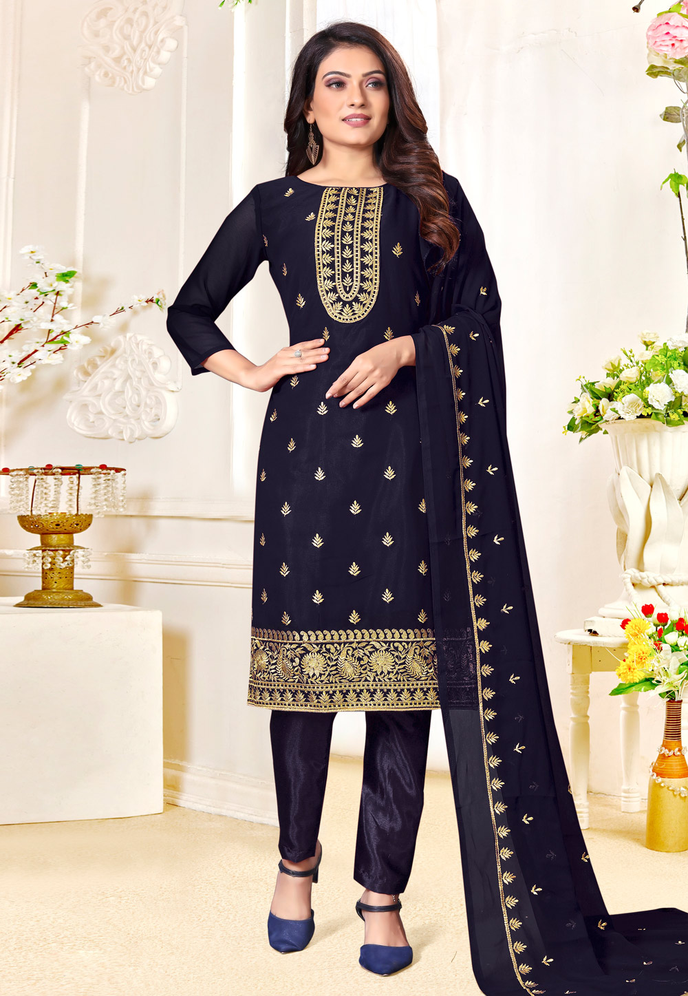 Navy Blue Georgette Pant Style Suit 274324