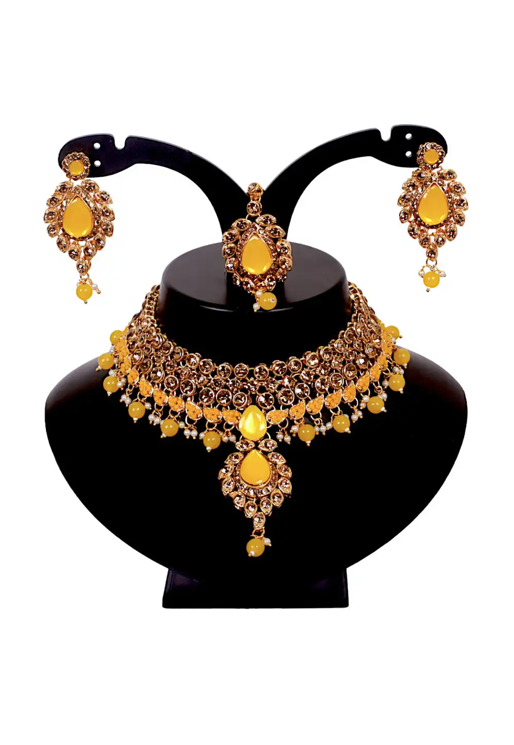 Yellow Alloy Austrian Diamonds and Kundan Necklace Set With Earrings and Maang Tikka 292946