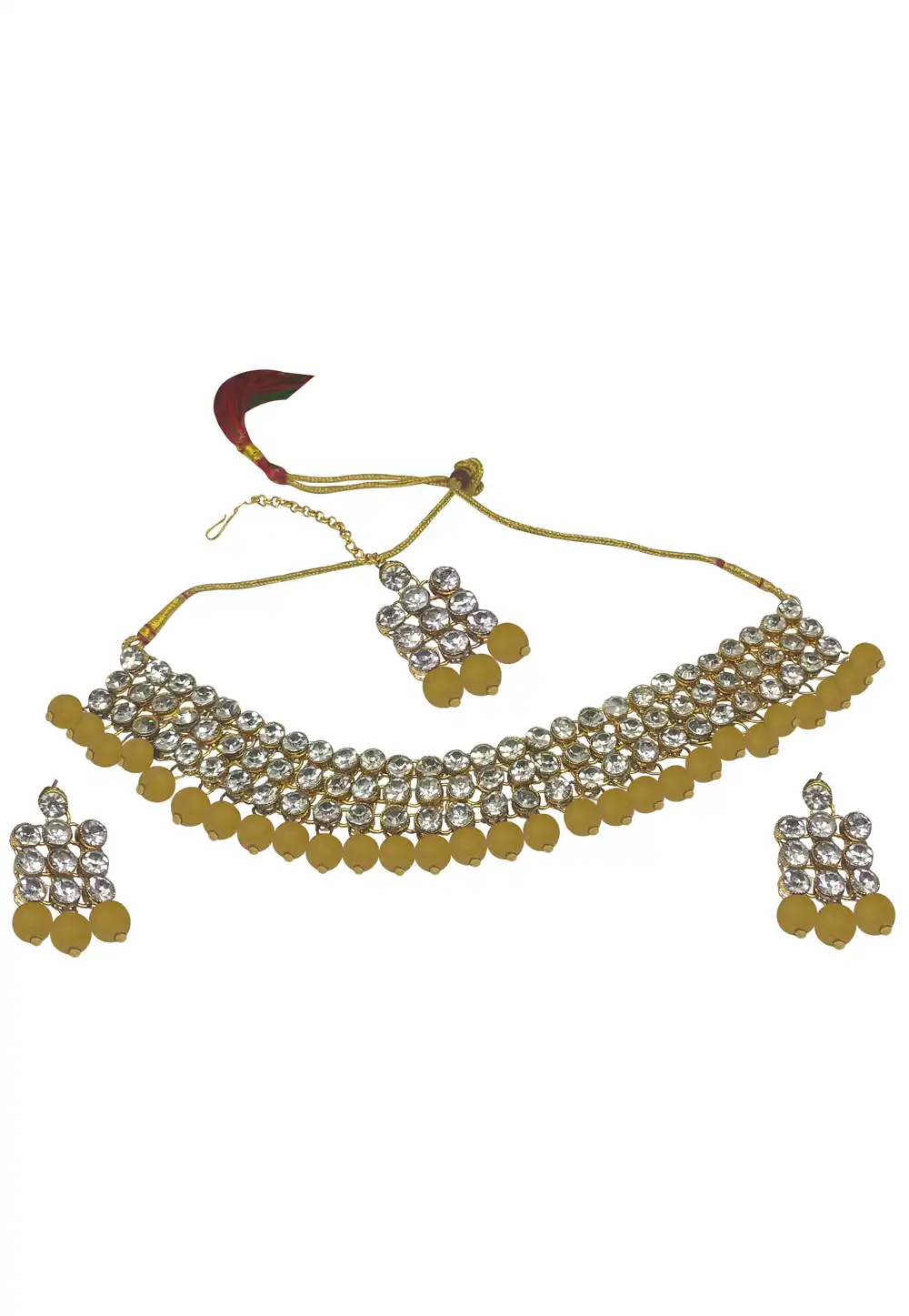 Yellow Alloy Austrian Diamonds and Kundan Necklace Set With Earrings and Maang Tikka 289941
