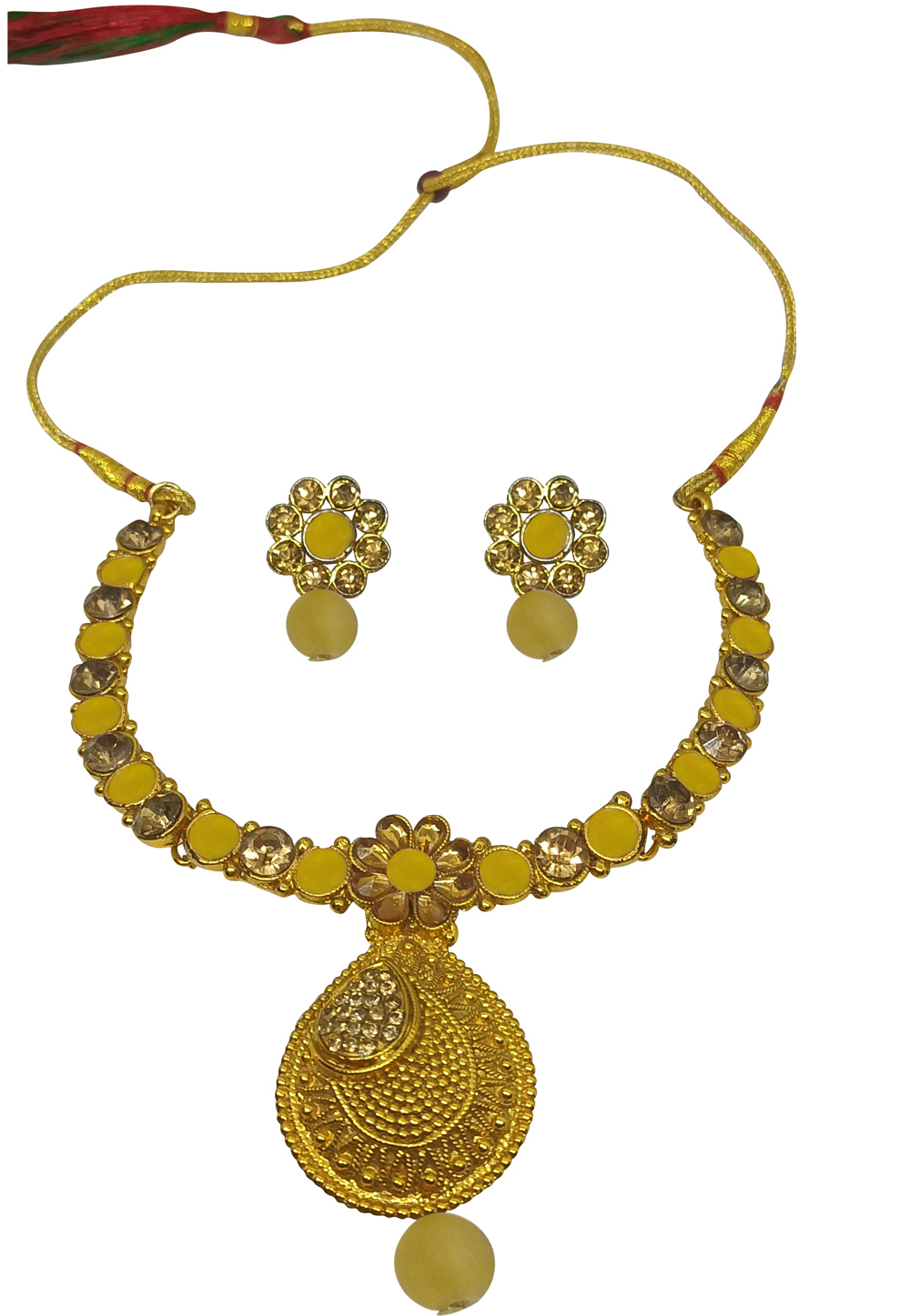 Yellow Alloy Austrian Diamonds and Kundan Necklace With Earrings 280099