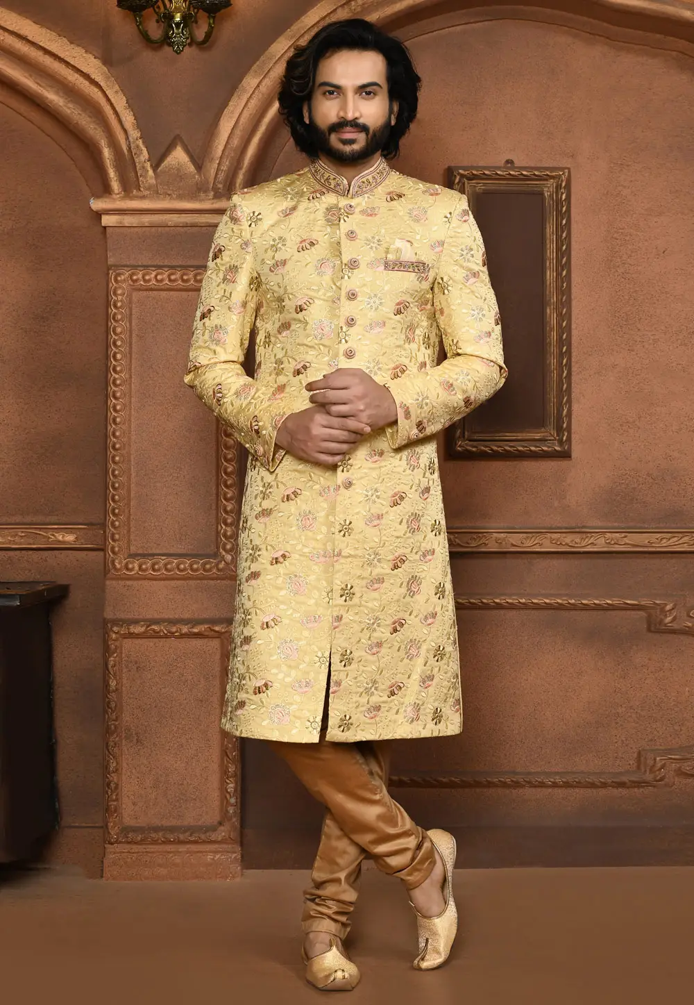 Yellow Art Silk Achkan Style Sherwani 295447