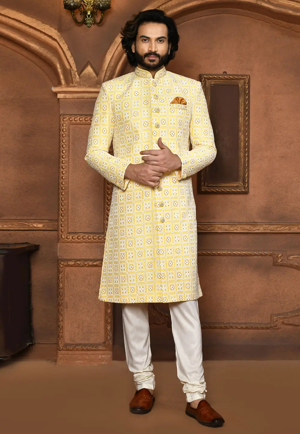 Yellow Art Silk Achkan Style Sherwani 295460