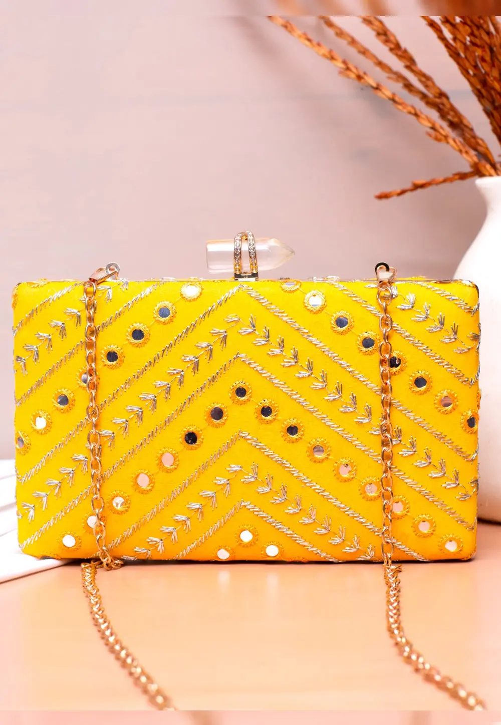 Yellow Art Silk Clutch 299998