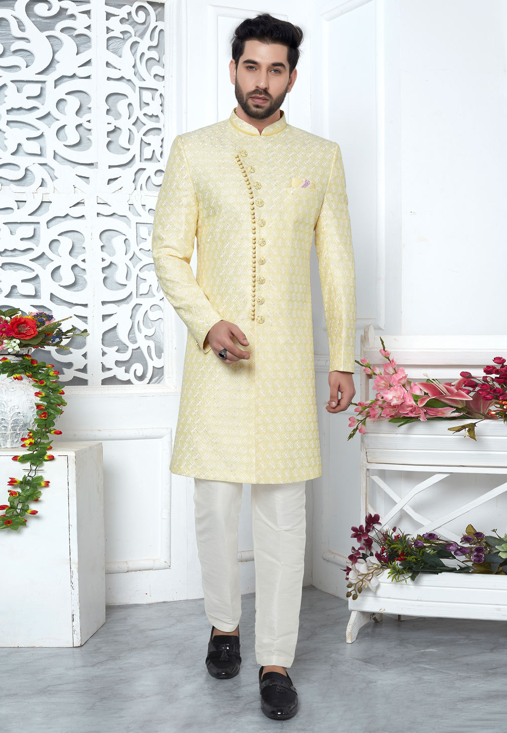 Yellow Art Silk Indo Western Suit 280166
