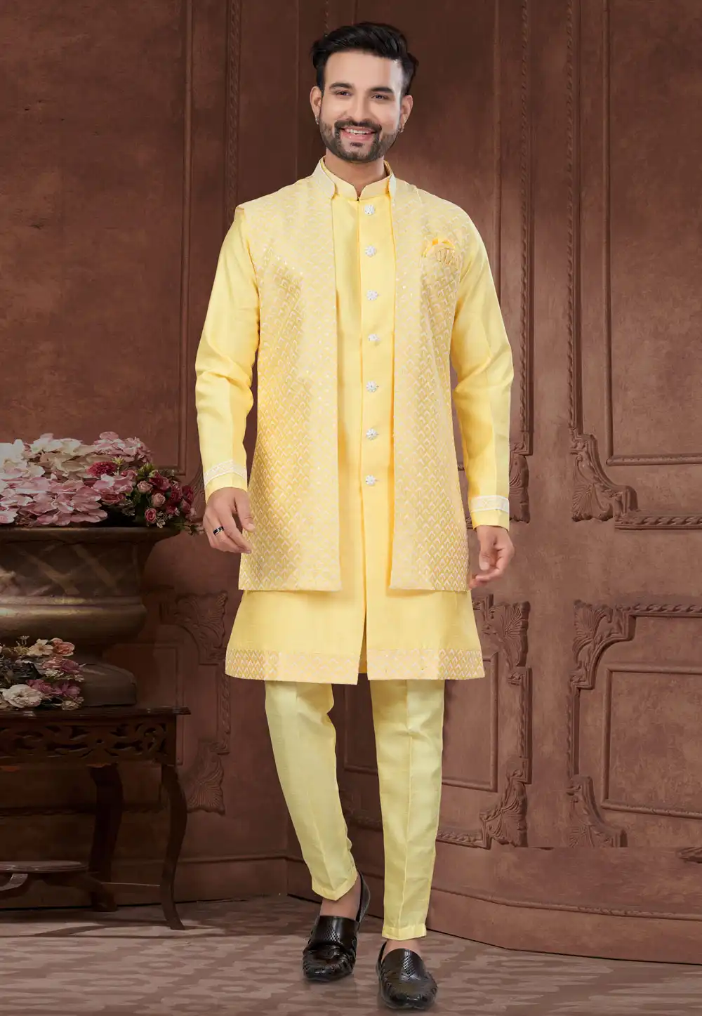 Yellow Art Silk Indo Western Suit 294526