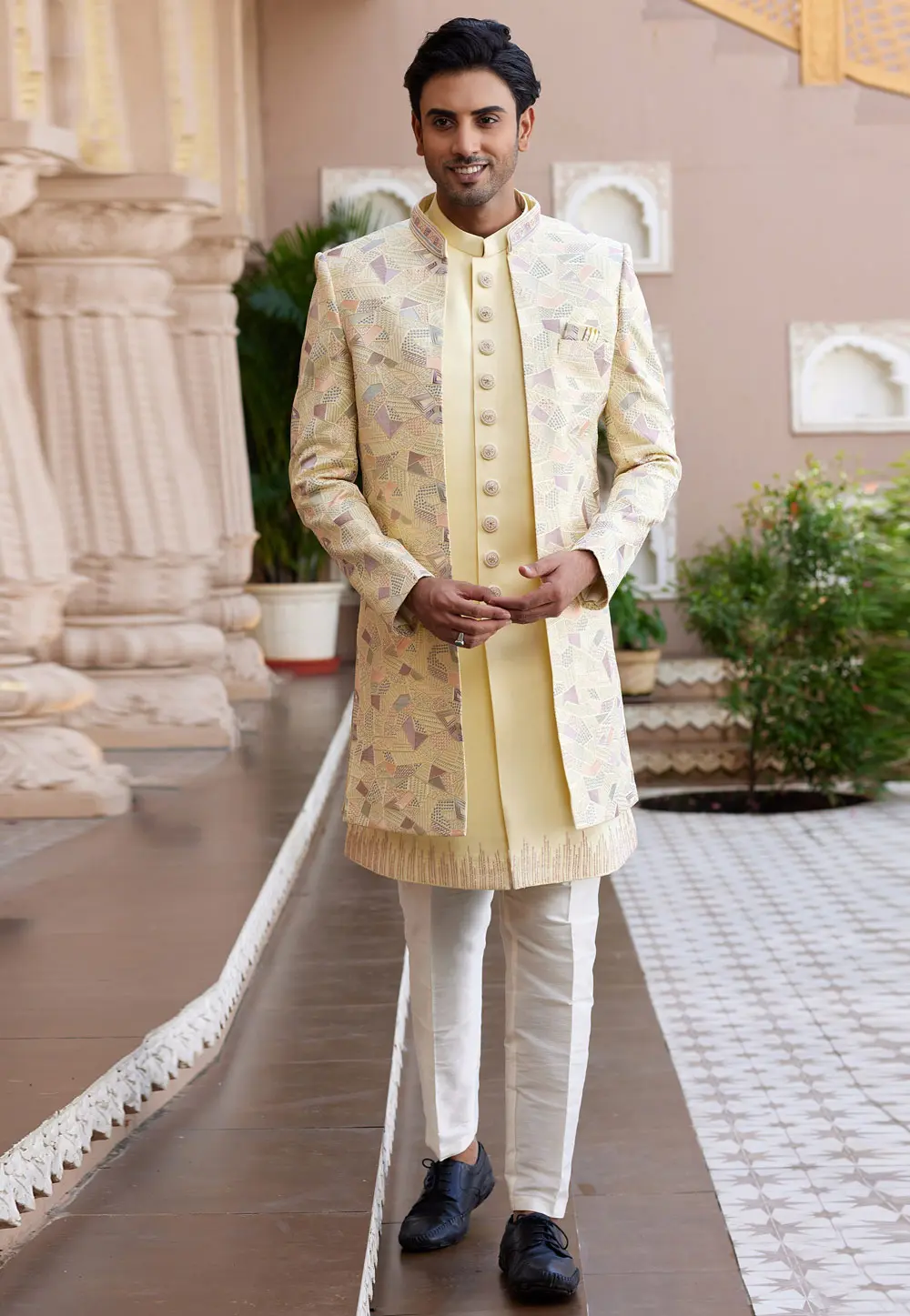 Yellow Art Silk Jacket Style Sherwani 304339