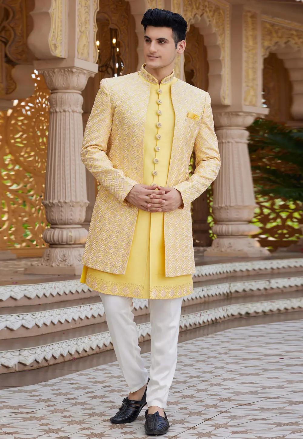 Yellow Art Silk Jacket Style Sherwani 304341