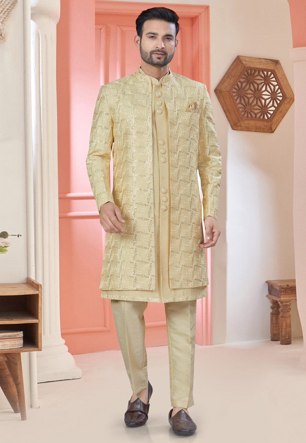 Yellow Art Silk Jacket Style Sherwani 304927