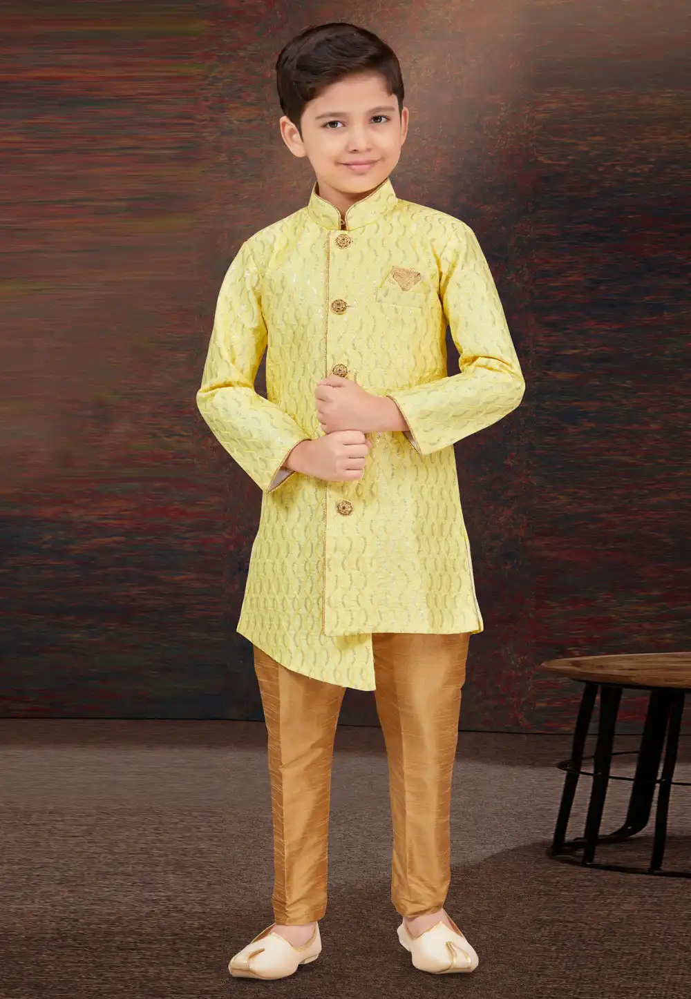 Yellow Art Silk Kids Indo Western Sherwani 294929